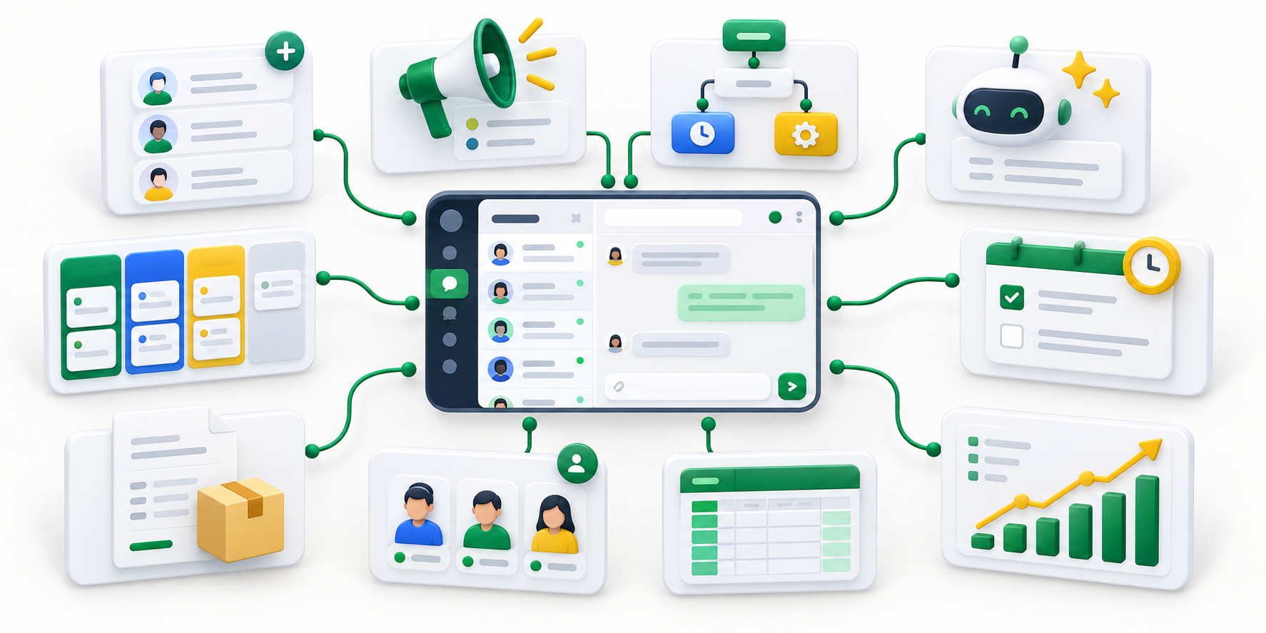 Ilustrasi modul CRM Orios yang menghubungkan inbox dengan kontak, broadcast, automation, AI, follow-up, penawaran, tim, spreadsheet, dan laporan