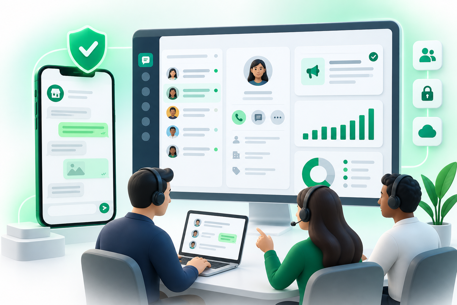 Ilustrasi nomor WhatsApp resmi yang dikelola bersama oleh tim melalui dashboard CRM