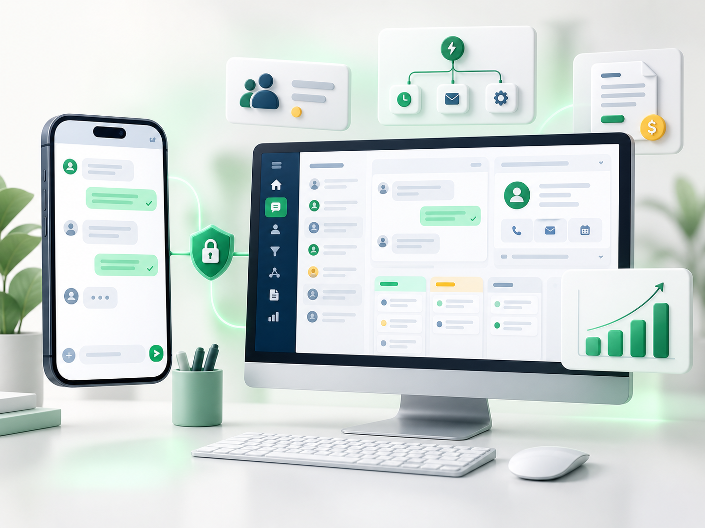 Ilustrasi nomor WhatsApp yang terhubung ke inbox, otomasi, lead, penawaran, dan laporan CRM Orios